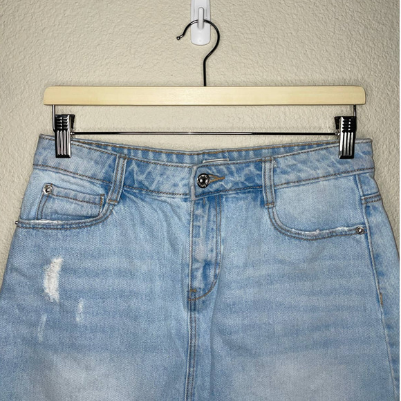 Pimki Skirt Blue Denim Mini Destroyed Raw Hem Button Zip Casual Size Small - Picture 3 of 10